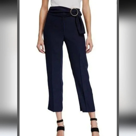 Nanette Lepore Stretch O Ring Belted Ankle Length Dress Pants Navy Size 12 NEW - Picture 1 of 12